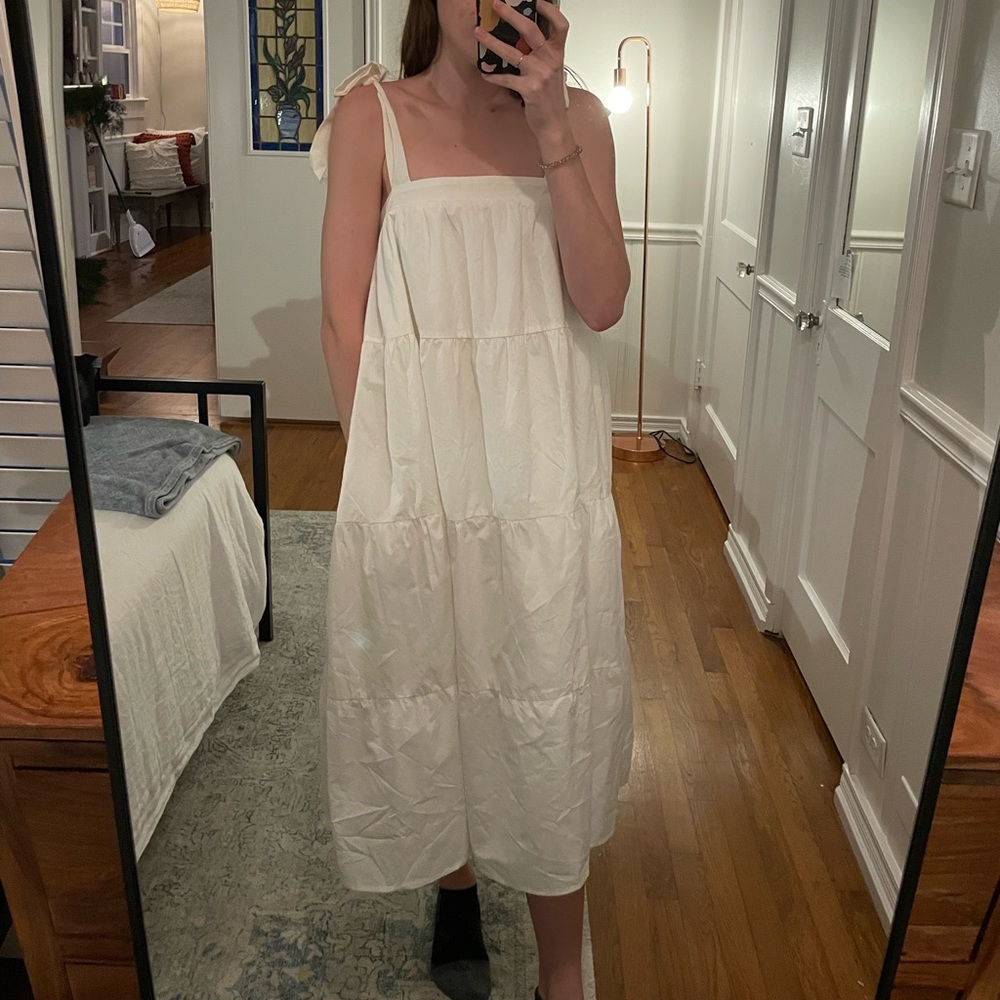 White Tiered Midi Dress with Tie Straps
